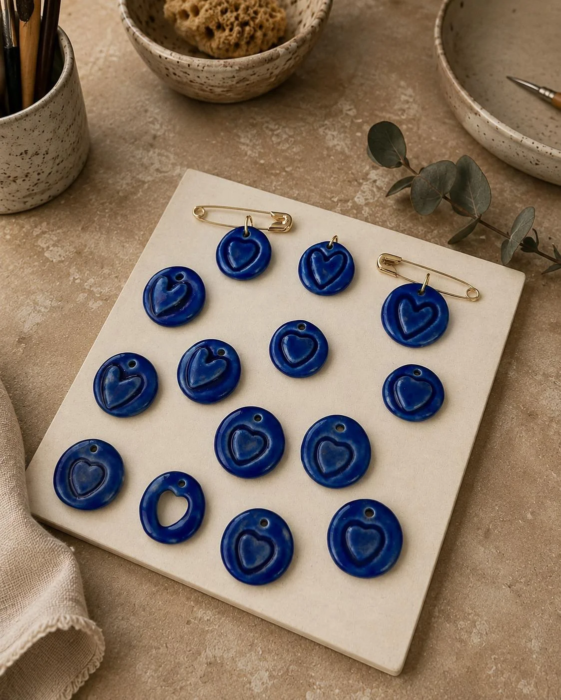 Porcelain hearts glazed in cobalt blue with gold-plated safety pins