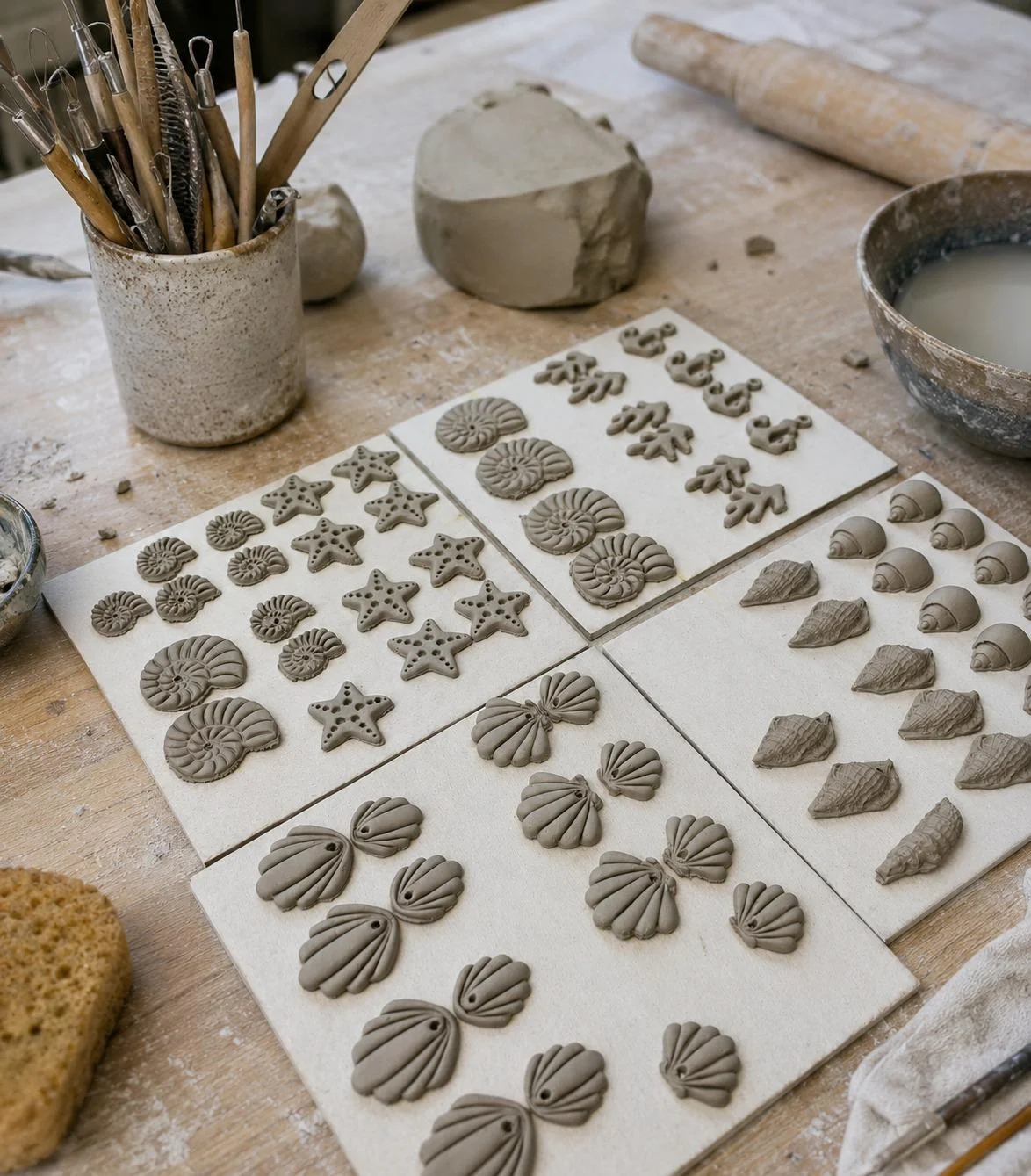 Hand-shaped porcelain pieces, still raw, on the studio table