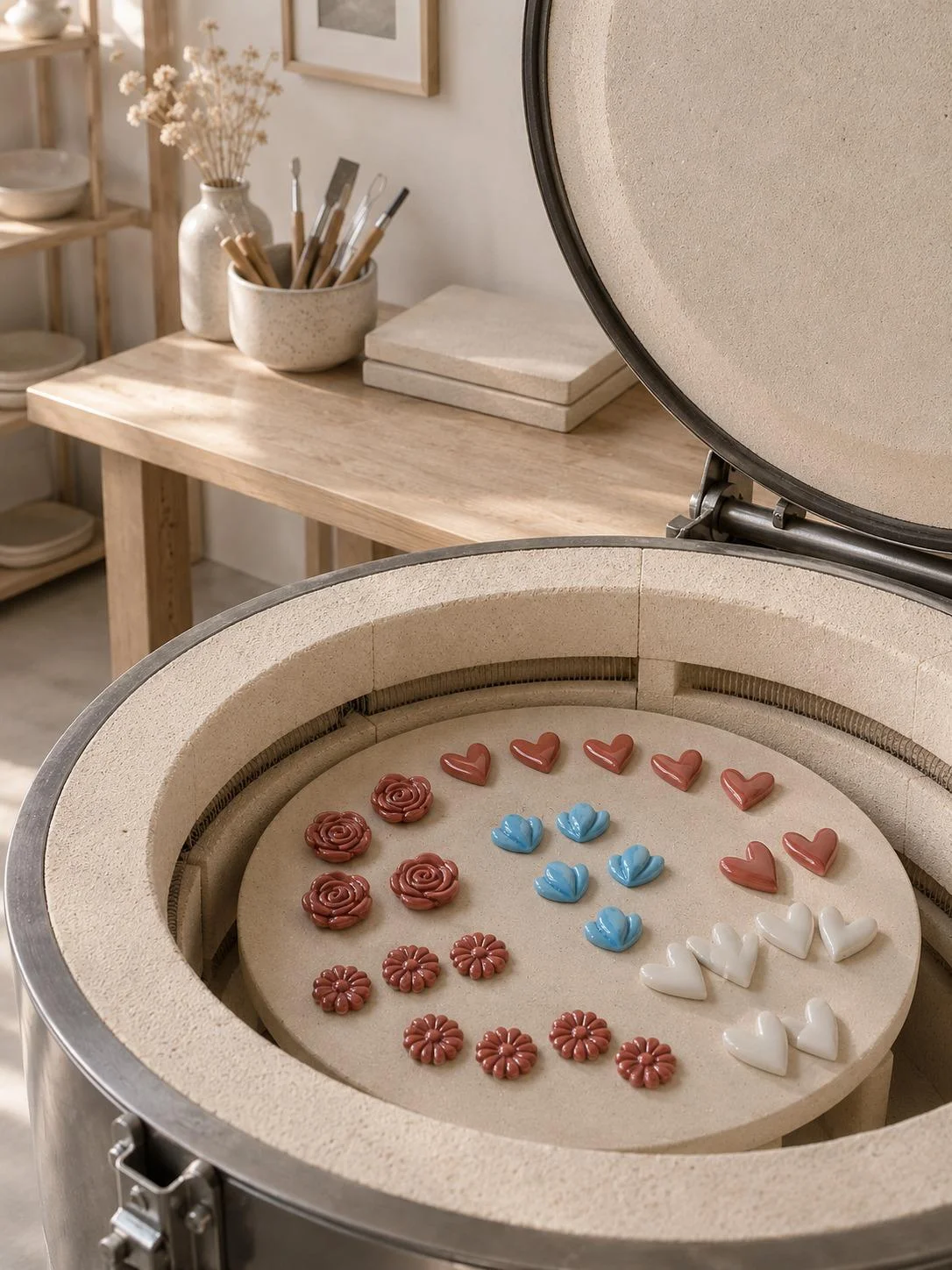 Open ceramic kiln with glazed porcelain pieces after firing