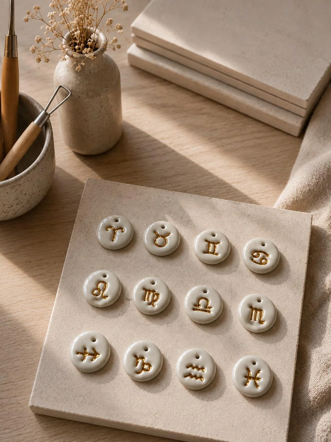Porcelain zodiac pendants finished with 24-karat gold lustre